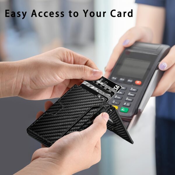 Men's Carbon Fiber RFID Blocking Bi-Fold Wallet With Pop-Up Aluminum Card Slot And AirTag Slot - Minimalist Black Credit Card Holder - Image 6
