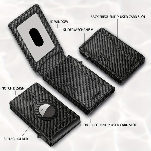 Men's Carbon Fiber RFID Blocking Bi-Fold Wallet With Pop-Up Aluminum Card Slot And AirTag Slot - Minimalist Black Credit Card Holder - Image 3